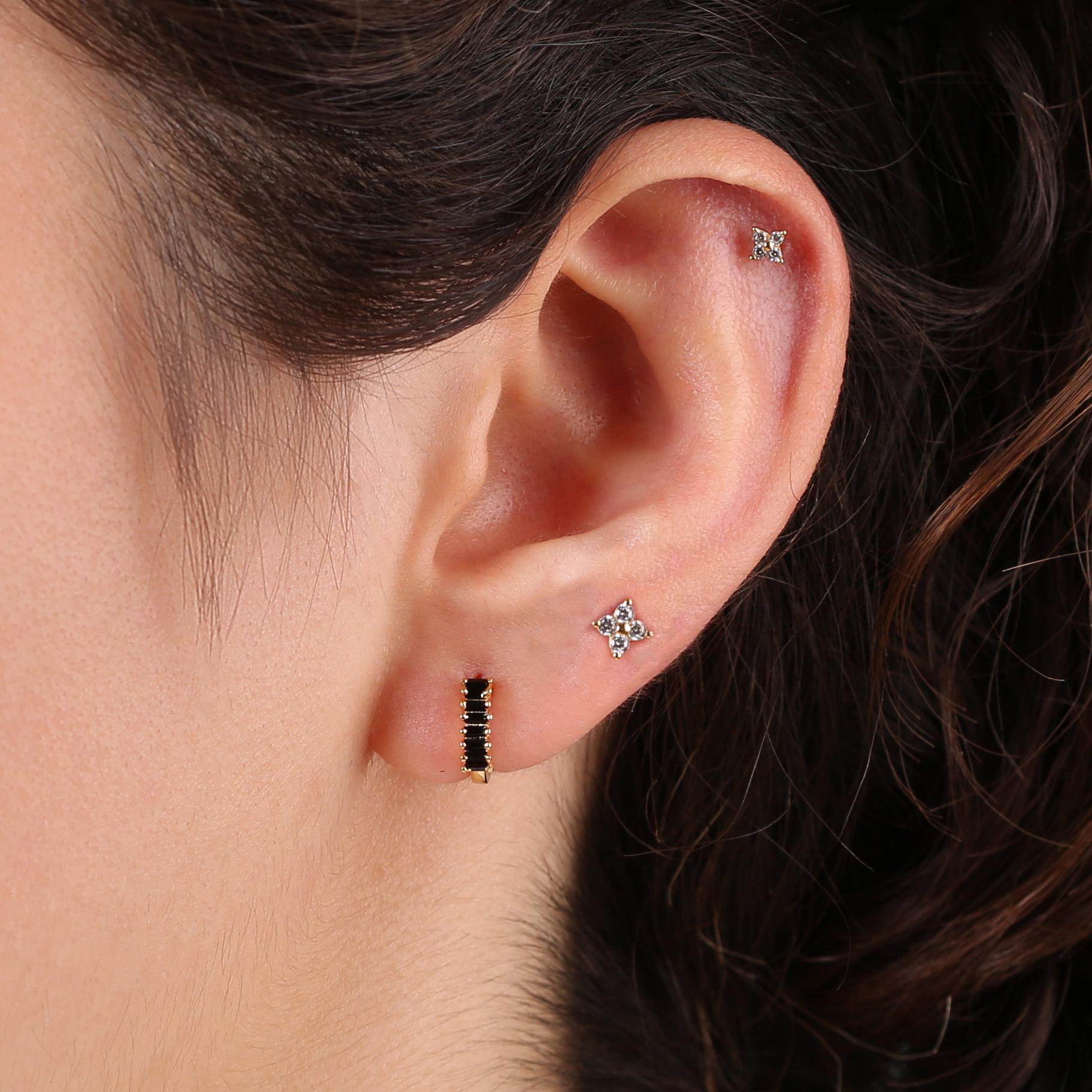 Sterling Silver Black Stone Baguette Huggie Hoop Earrings