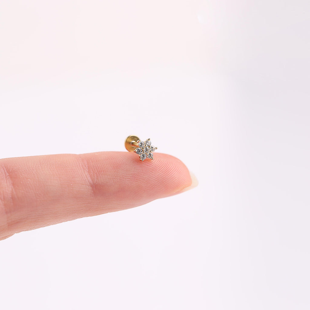 18g Gold Flower Shape Diamond CZ Threadless End Push Pin