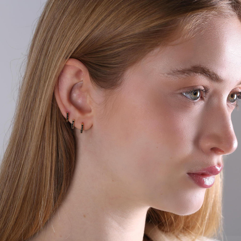 Tiny Black Stone Huggie Hoop Earrings