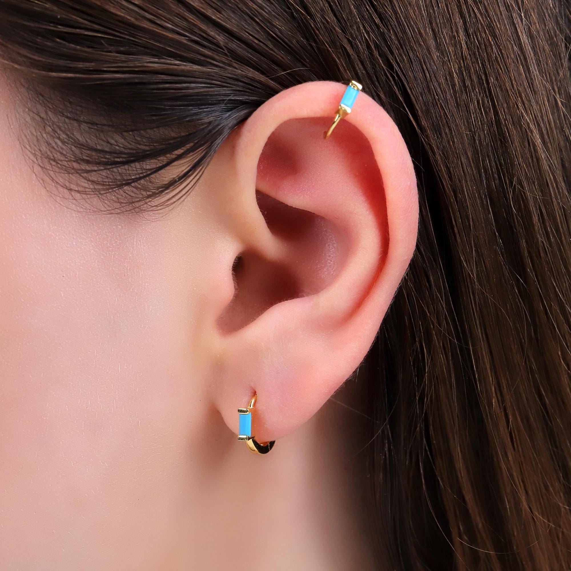 Emerald Baguette Huggie Hoop Earrings