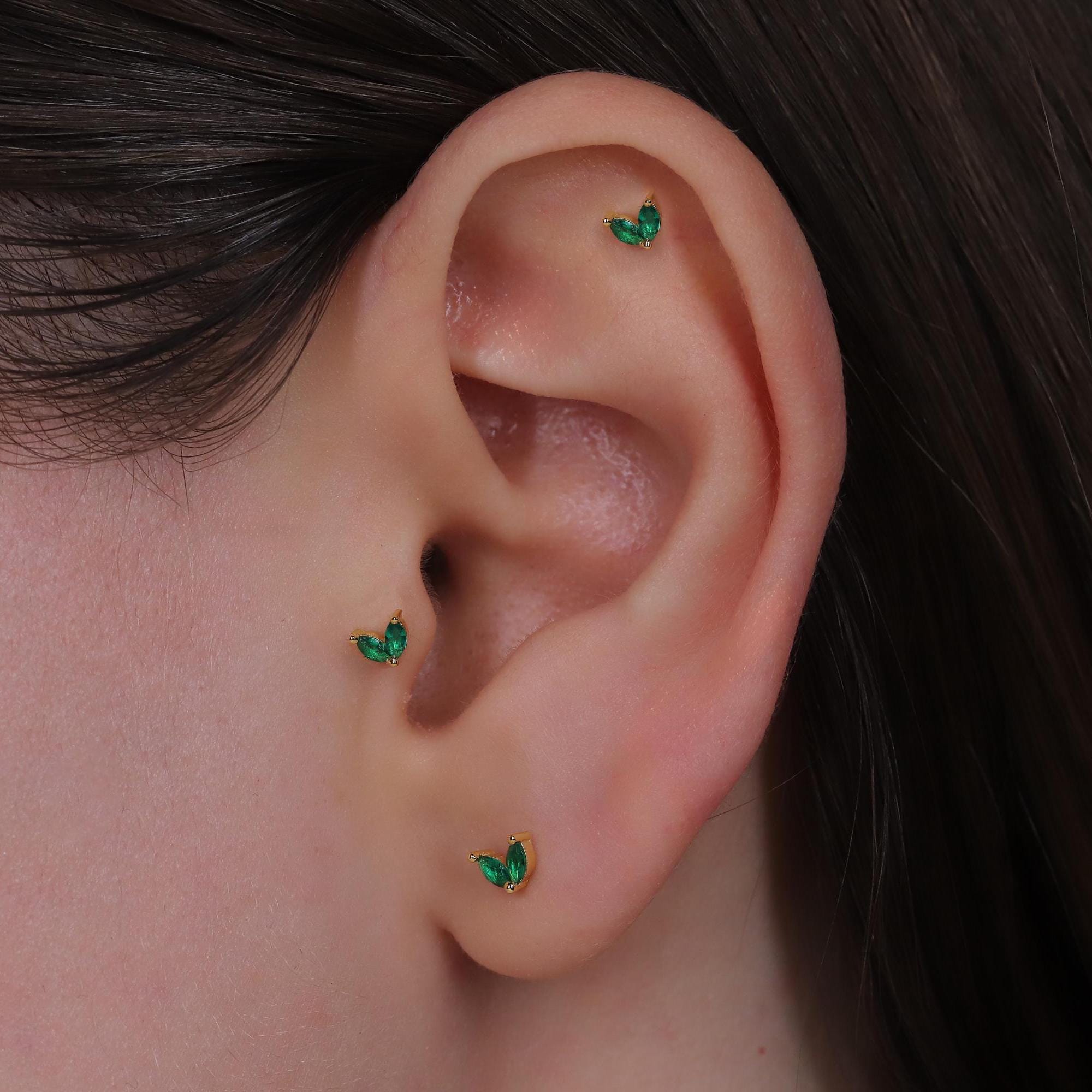 18G Green CZ Stone Threadless End Push Pin Labret Gold Flat