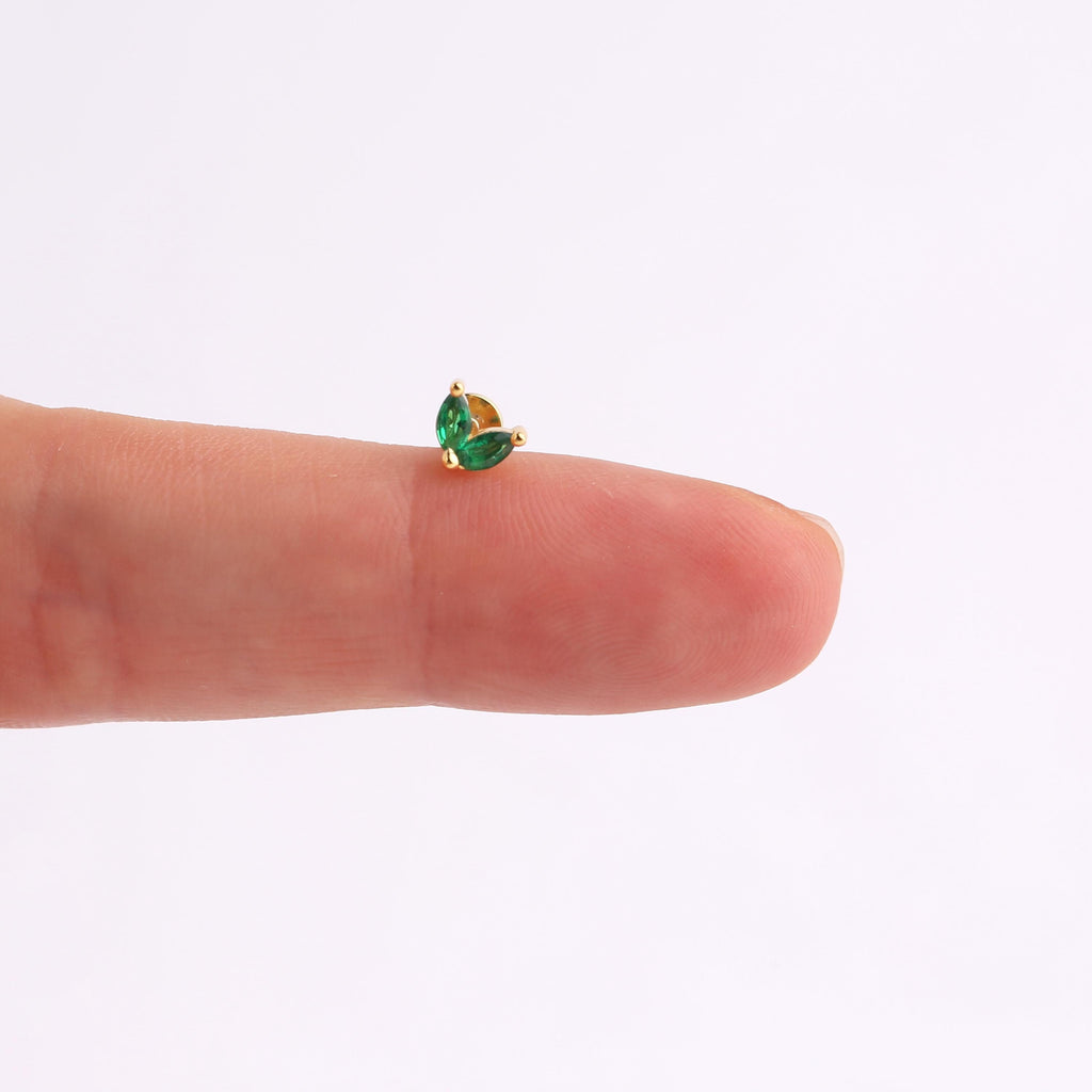 Emerald Leaf Sterling Silver Threadless Push Pin Labret Stud