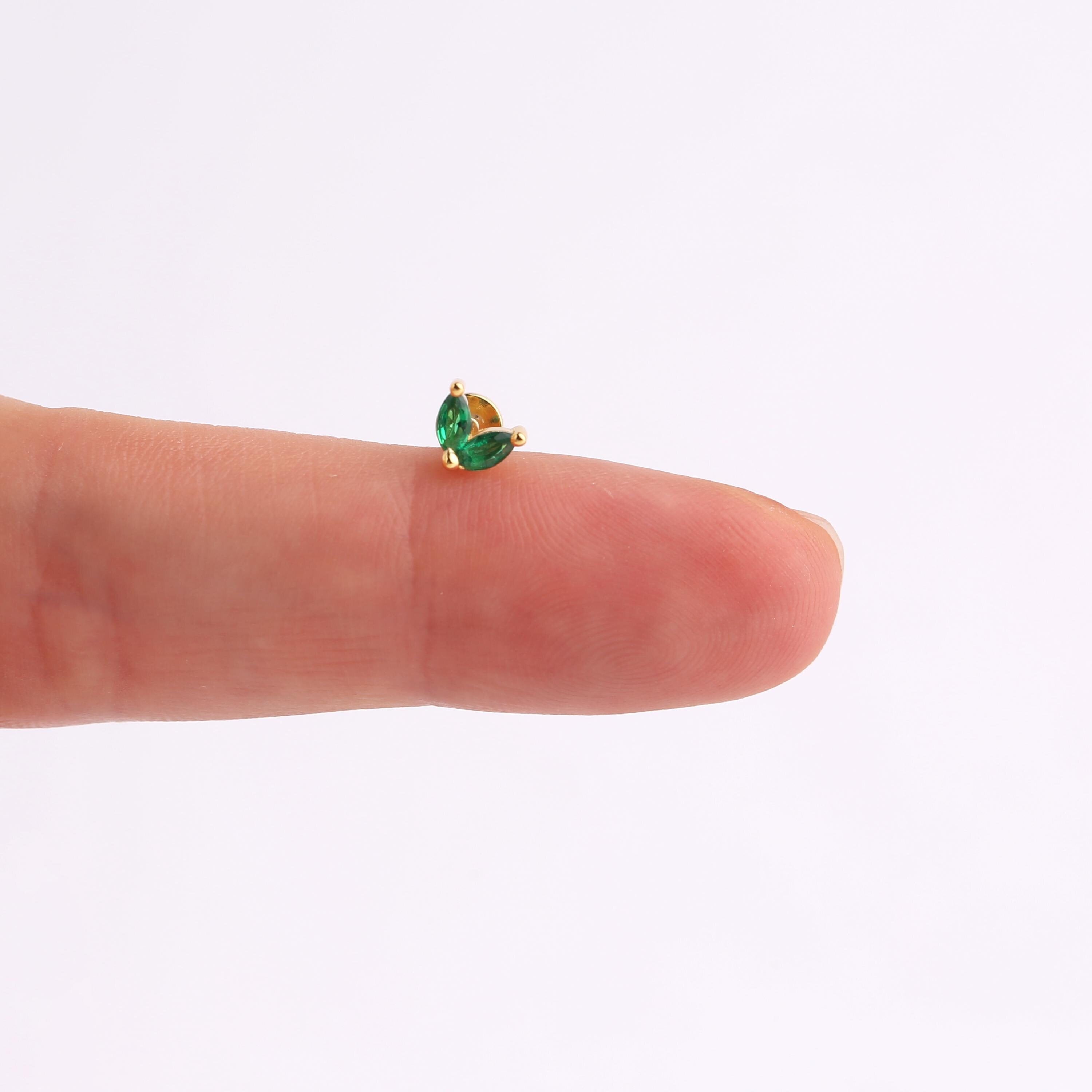 Emerald Leaf Sterling Silver Threadless Push Pin Labret Stud