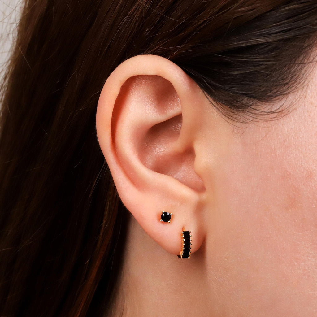 Gold Black Onyx Huggie Hoop & Stud Earrings Set