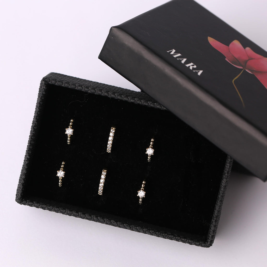 Diamond CZ Beaded Gold Huggie Hoop Earrings Set for Multiple