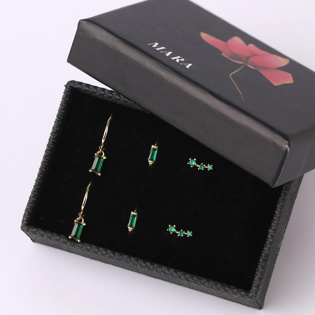 Dangling Emerald Charm Hoop Earring Set