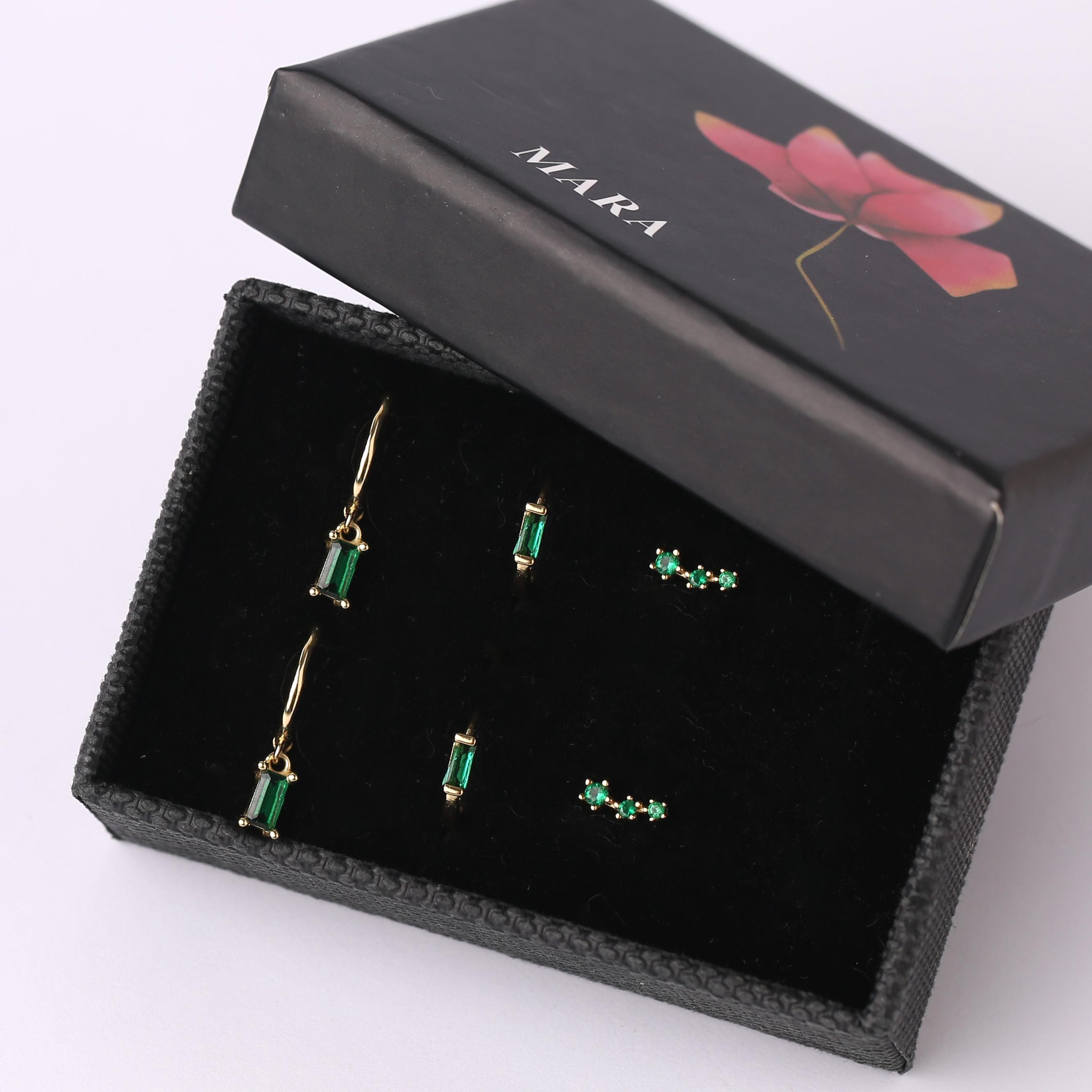 Dangling Emerald Charm Hoop Earring Set