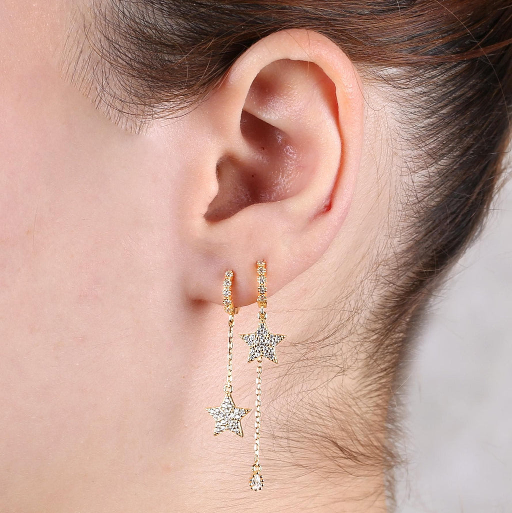Gold Asymmetric Star Hoop Earrings with Chain Tassel
