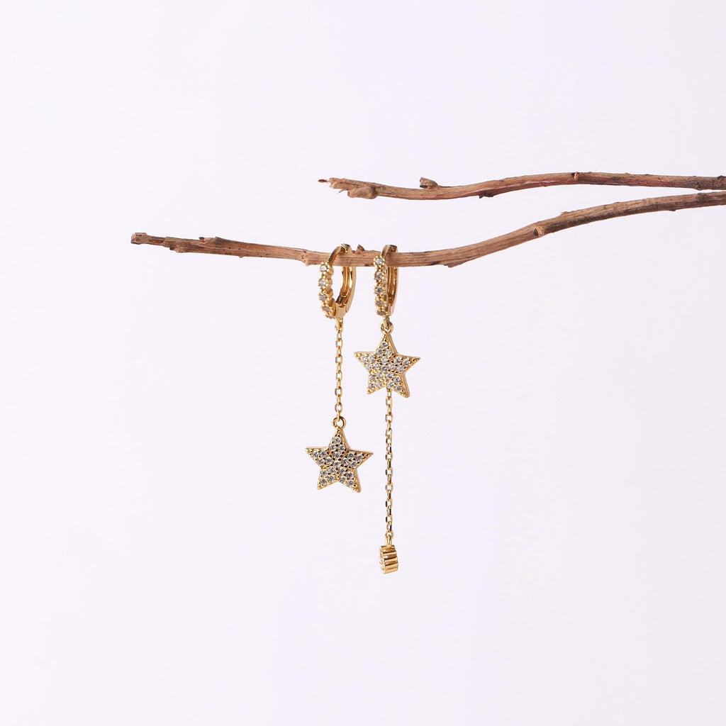 Gold Asymmetric Star Hoop Earrings with Chain Tassel