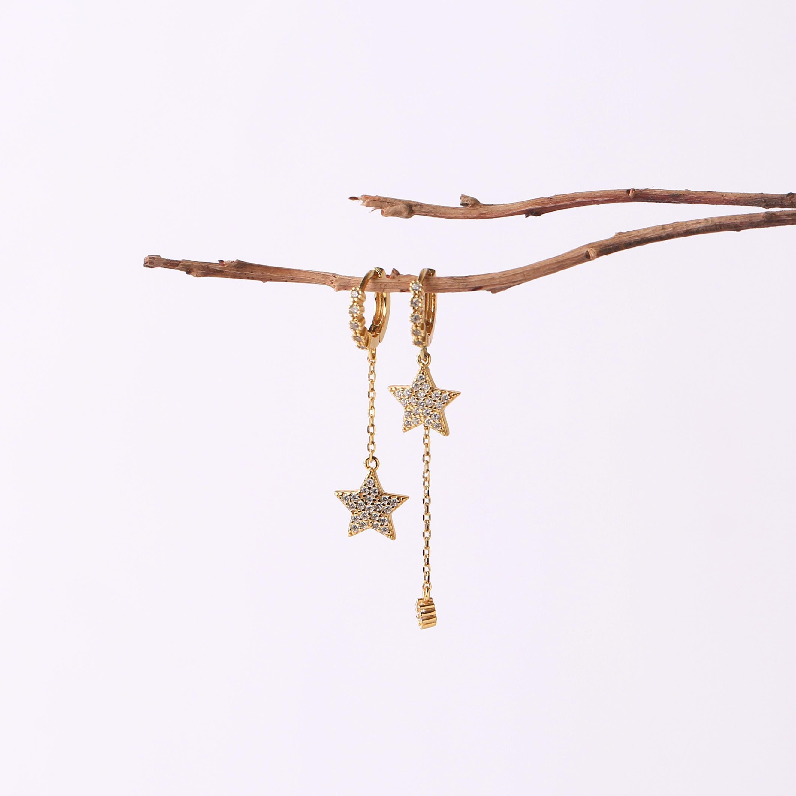 Gold Asymmetric Star Hoop Earrings with Chain Tassel