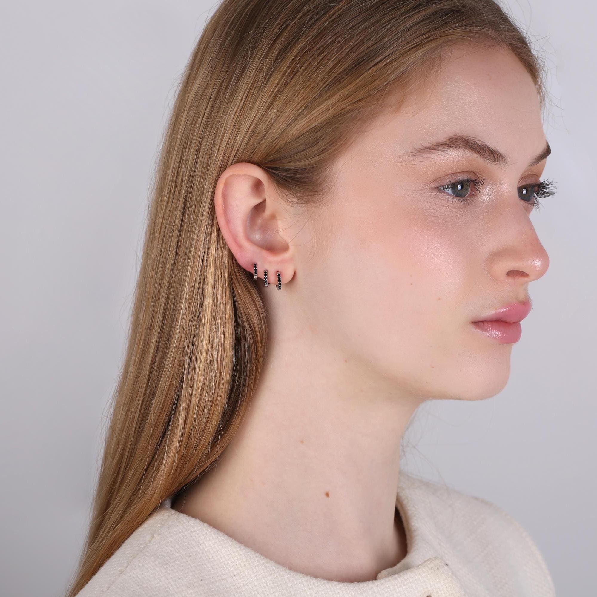 Black CZ Pave Huggie Hoop Earrings