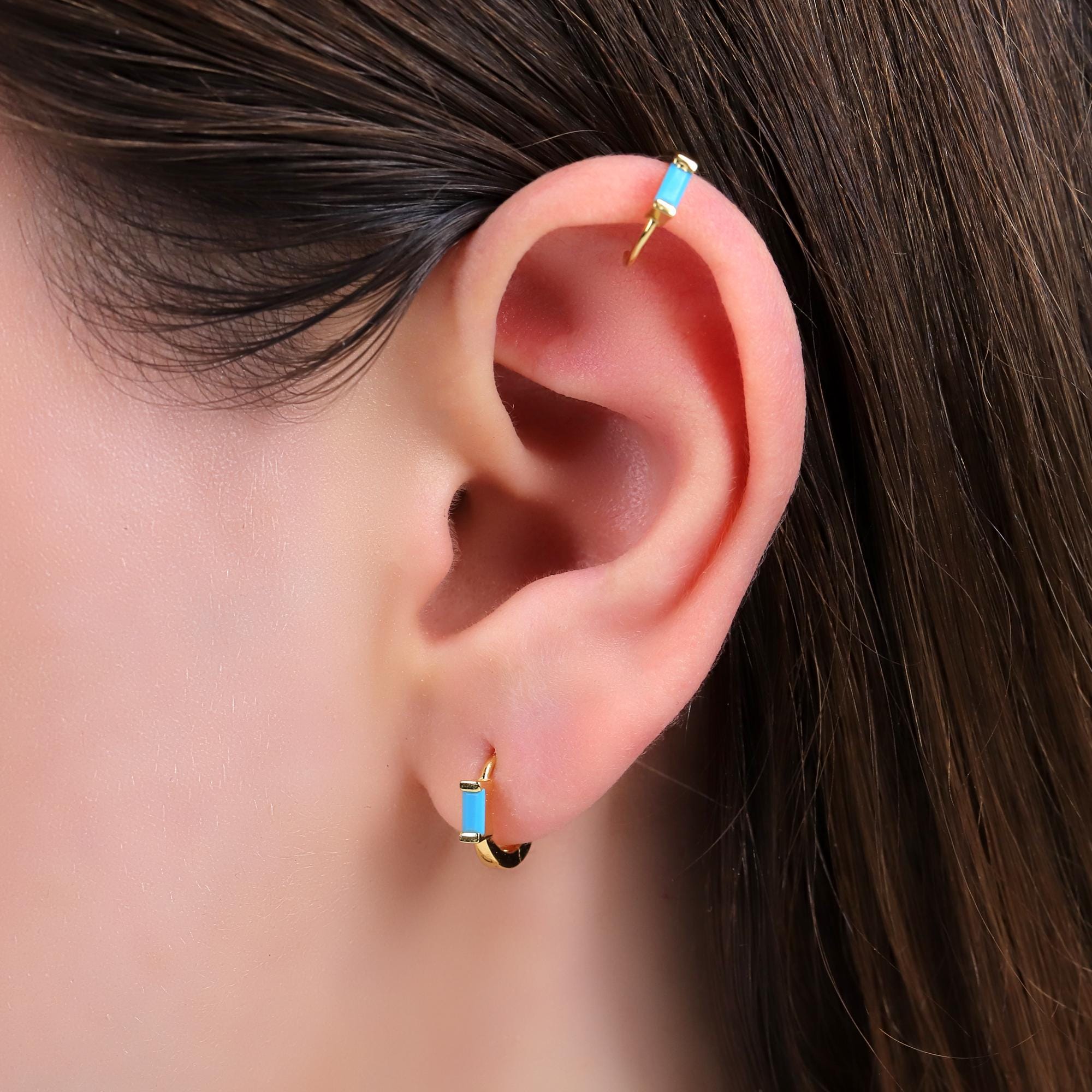Turquoise Baguette Huggie Hoops Earrings