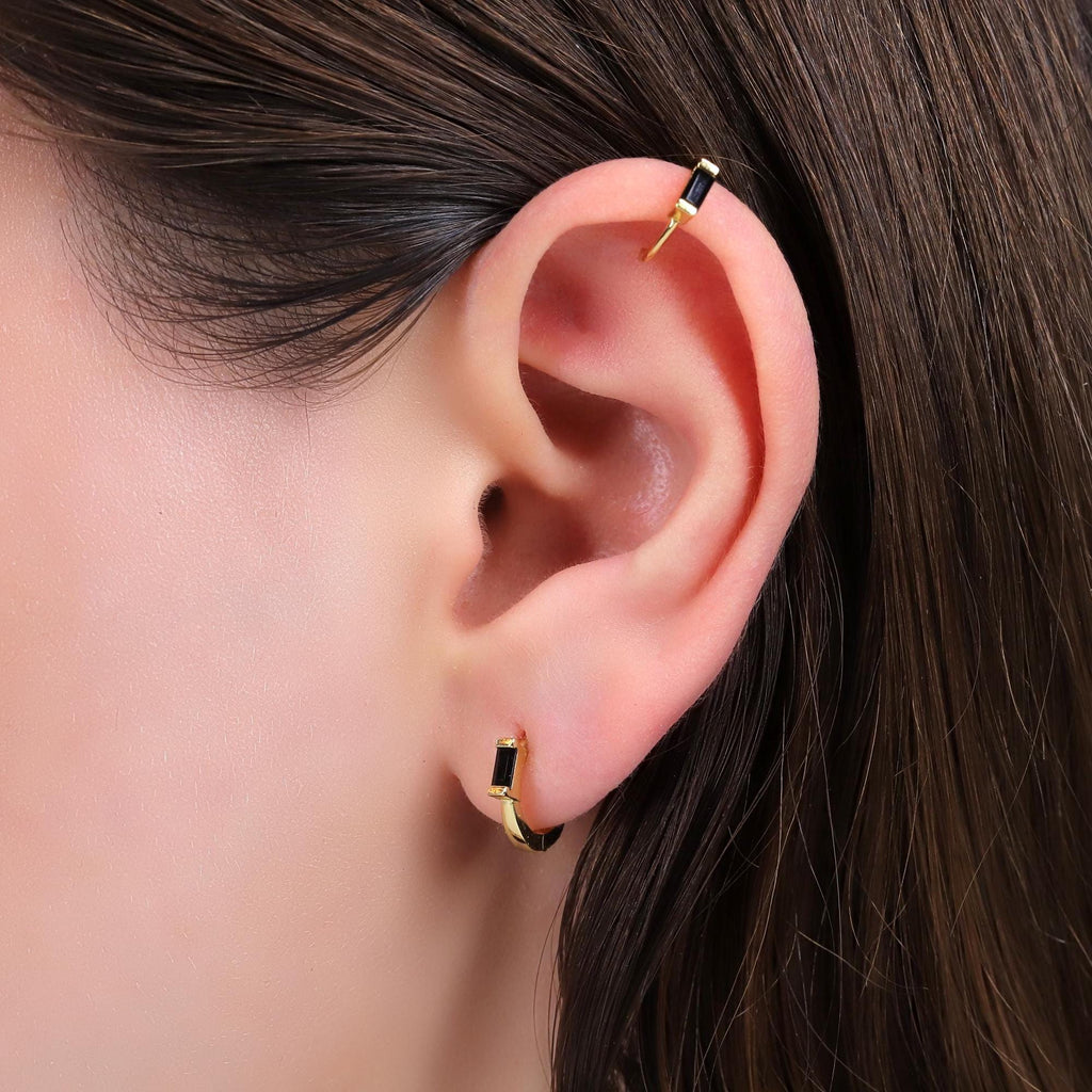Emerald Baguette Huggie Hoop Earrings