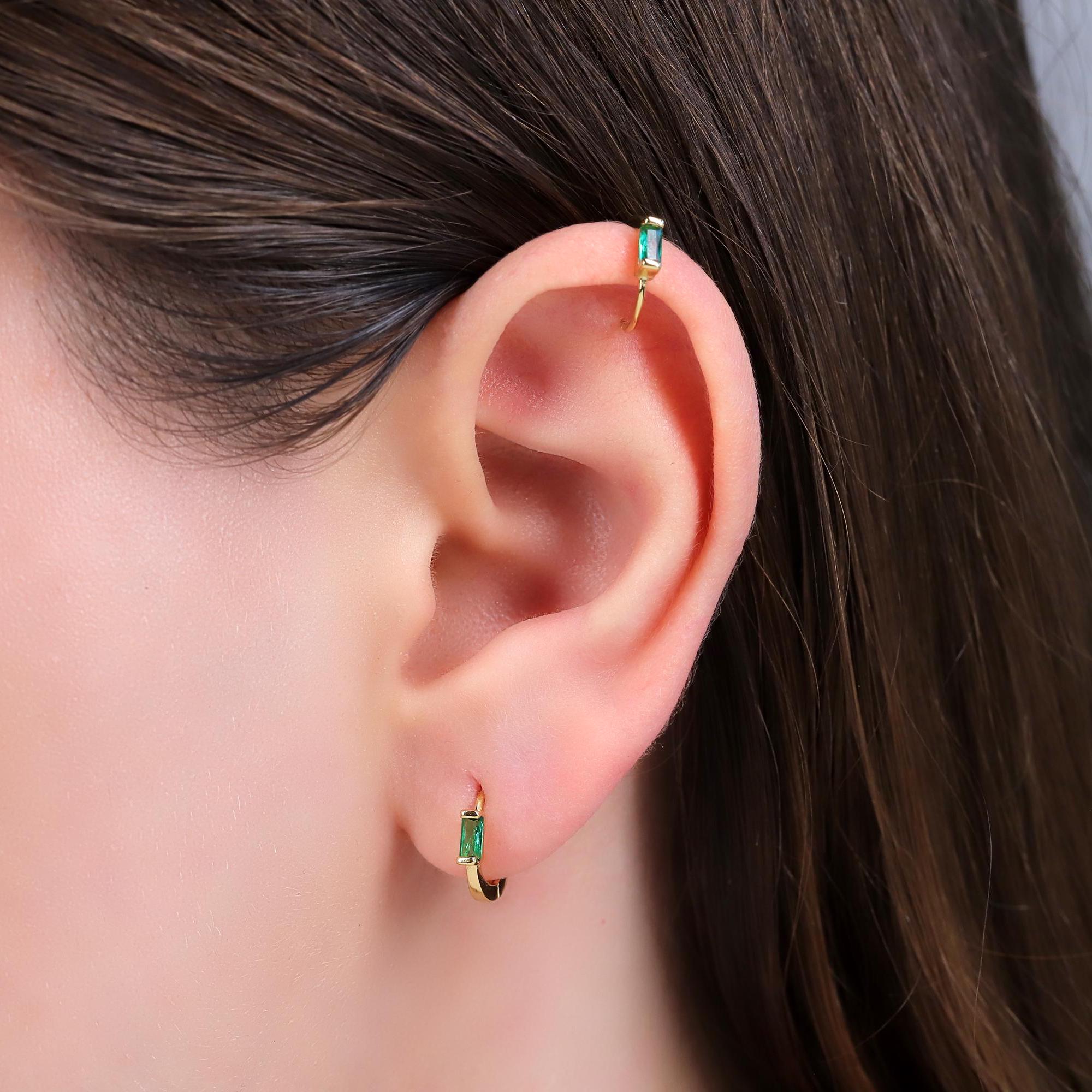Emerald Baguette Huggie Hoop Earrings