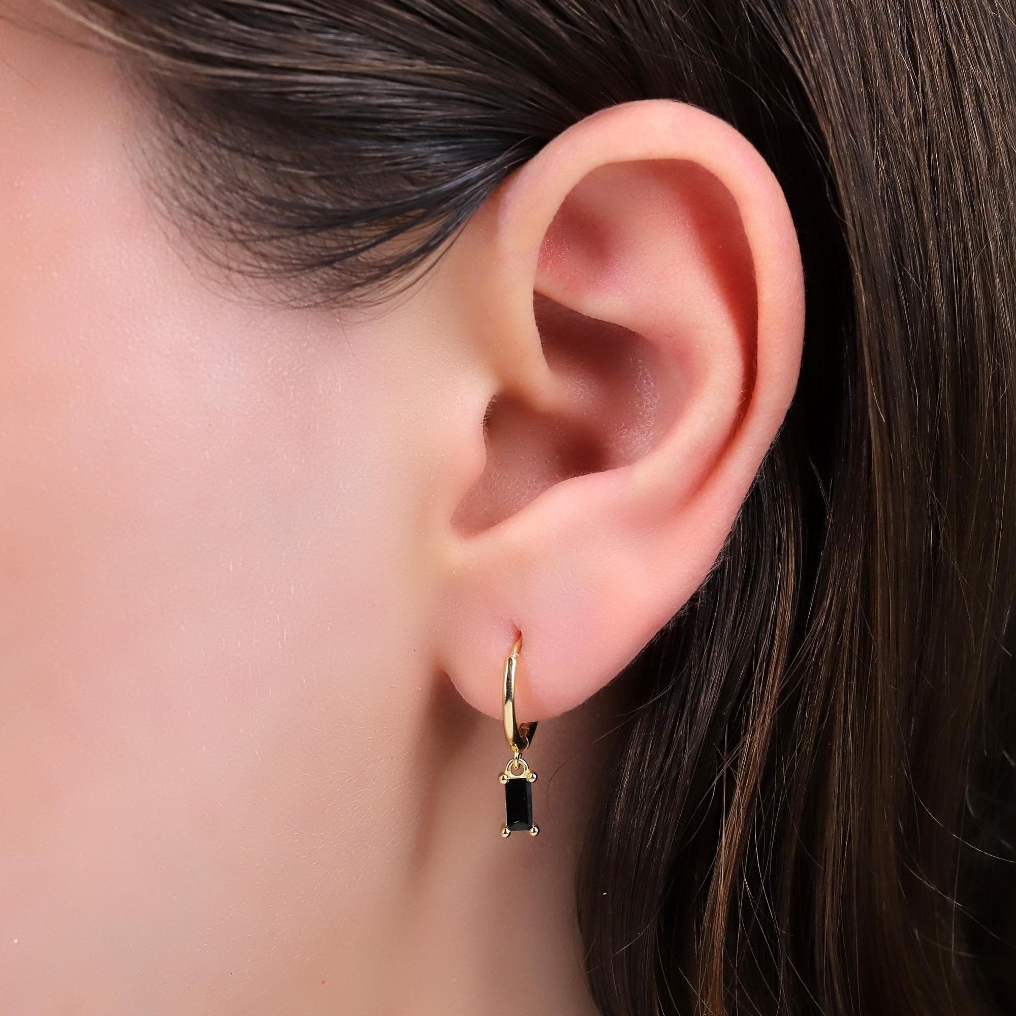 Black Stone Dangle Hoop Earrings