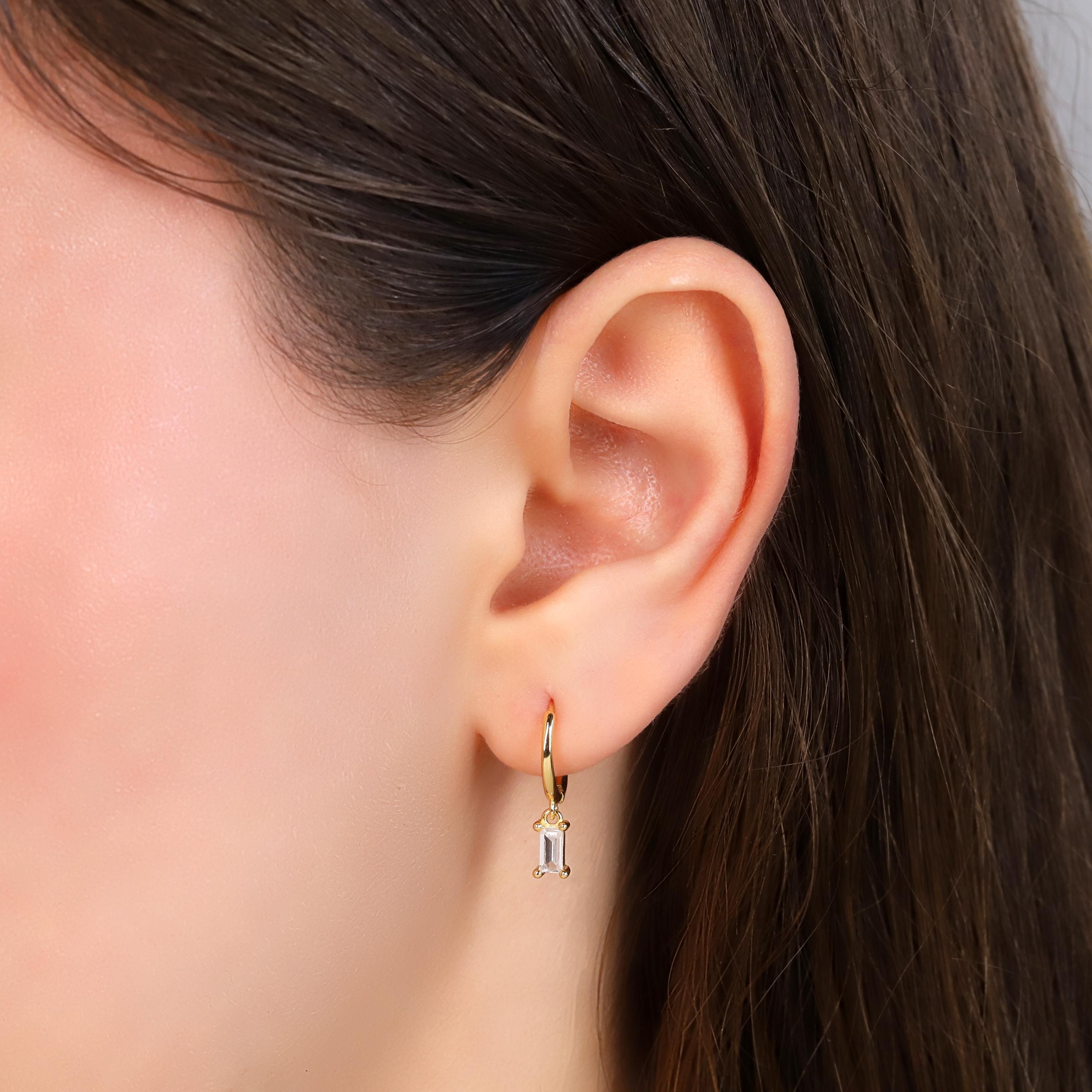 Tiny Baguette Diamond CZ Dangle Hoop Earrings