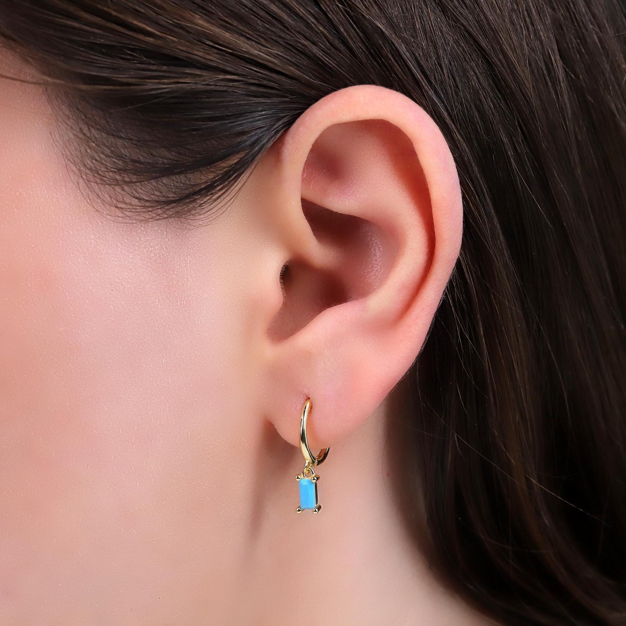 Tiny Baguette Diamond CZ Dangle Hoop Earrings