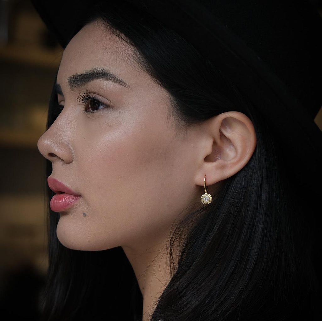 Starburst Disk Charm Dangle Hoop Earrings