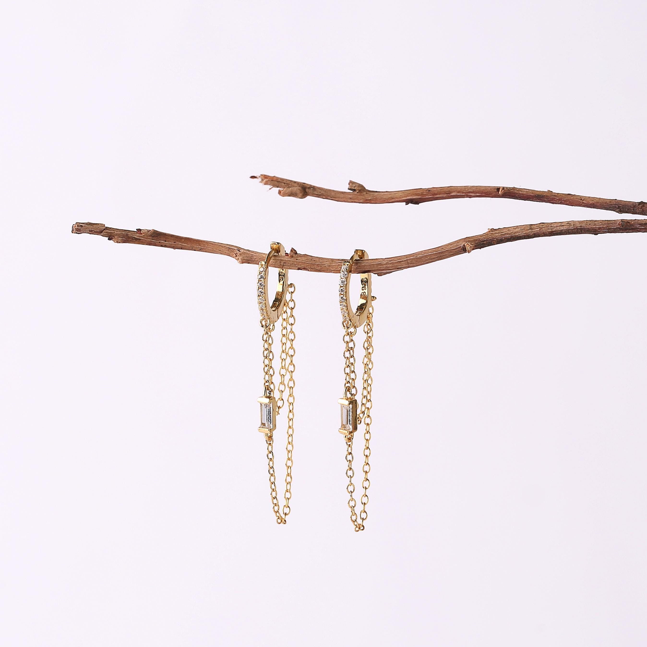 Sterling Silver Baguette CZ Huggie Drop Hoop Earrings with