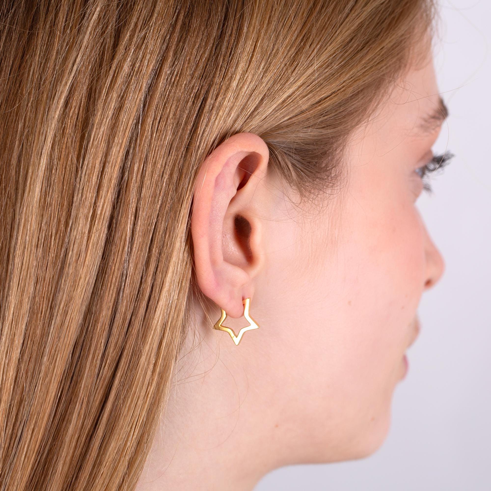 Gold Open Star Huggie Hoop Earrings: 925 Sterling Silver