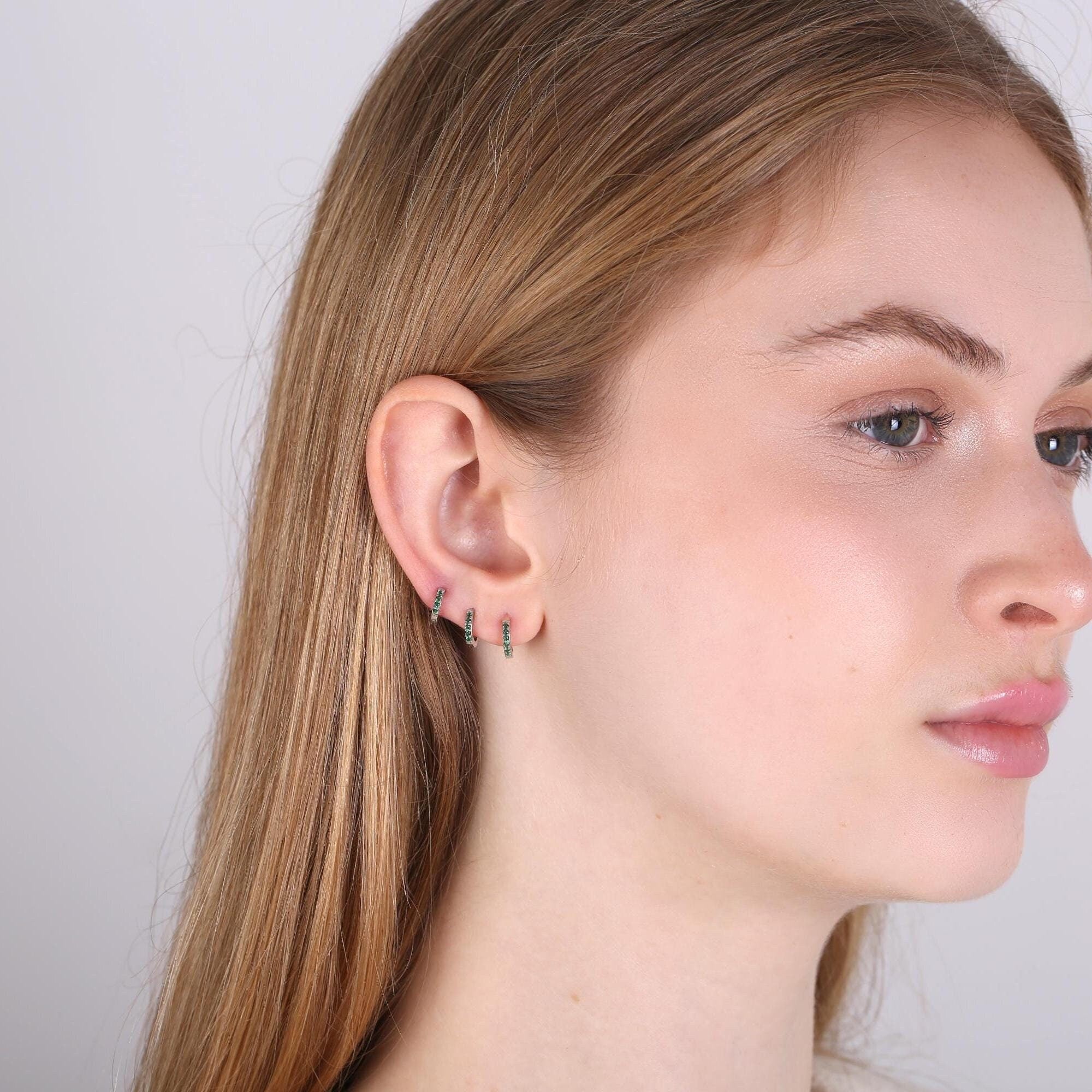 Tiny Emerald CZ Huggie Hoop Earrings