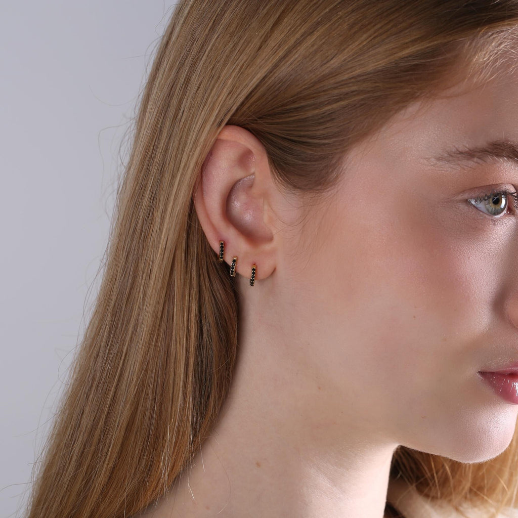 Black CZ Pave Huggie Hoop Earrings