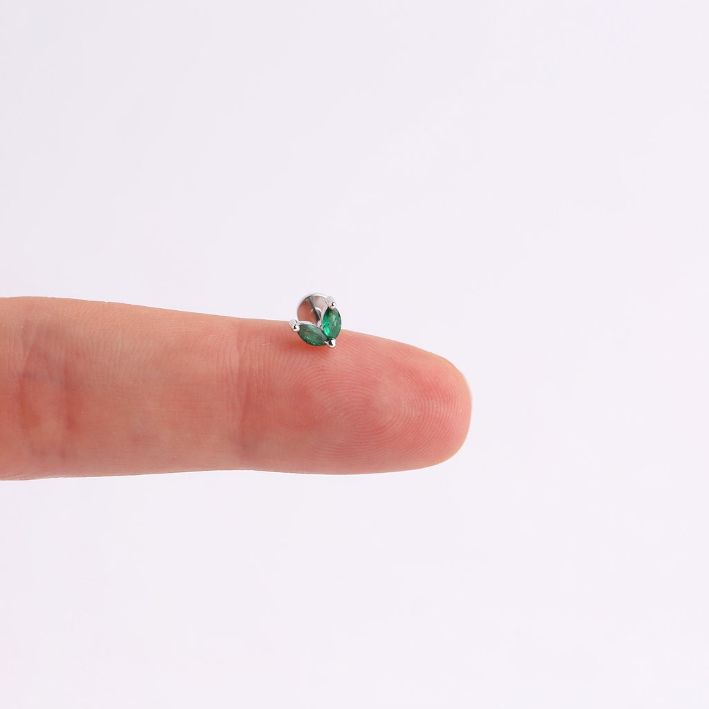 Emerald Leaf Sterling Silver Threadless Push Pin Labret Stud
