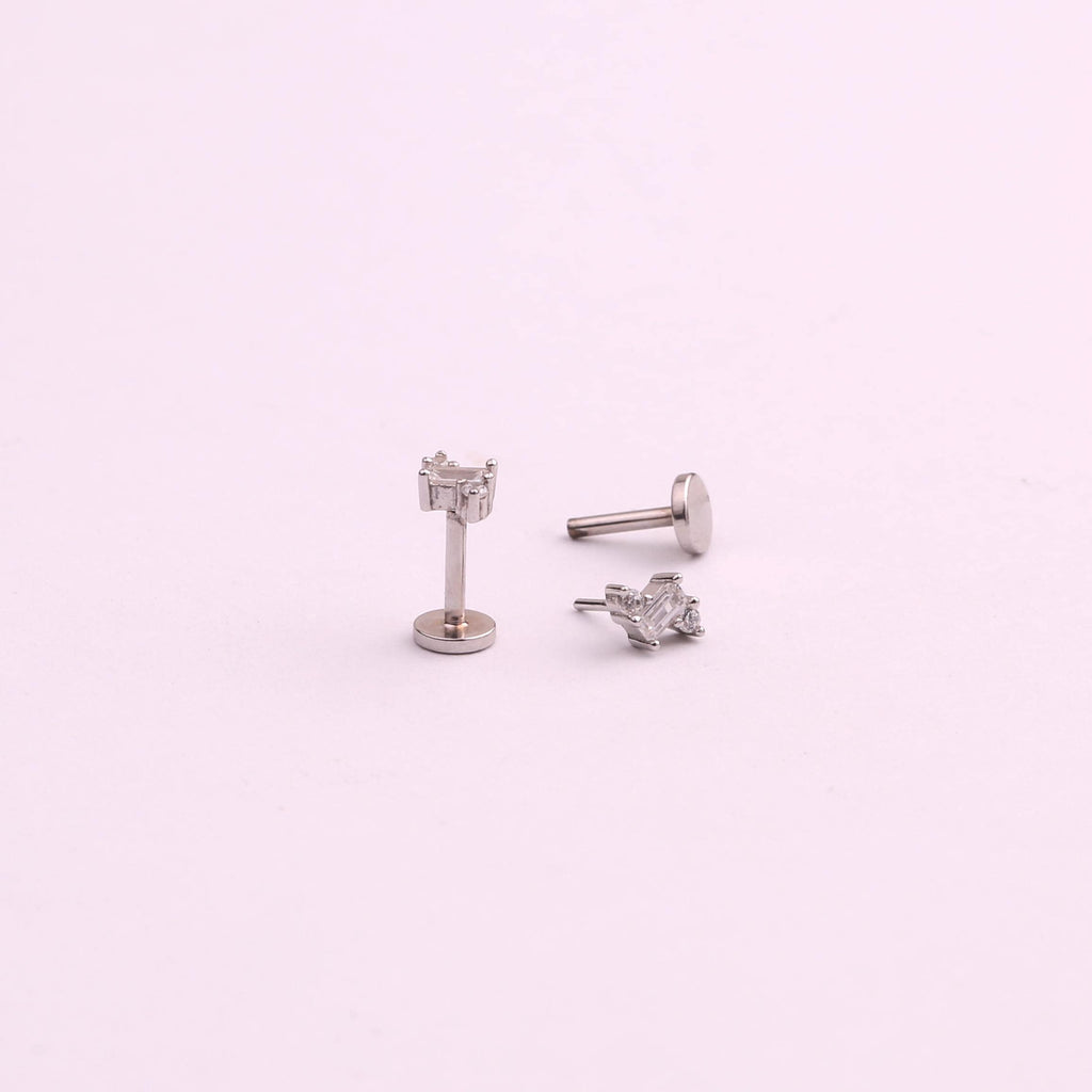 18G Triple Baguette Diamond CZ Threadless Push Pin Flat Back