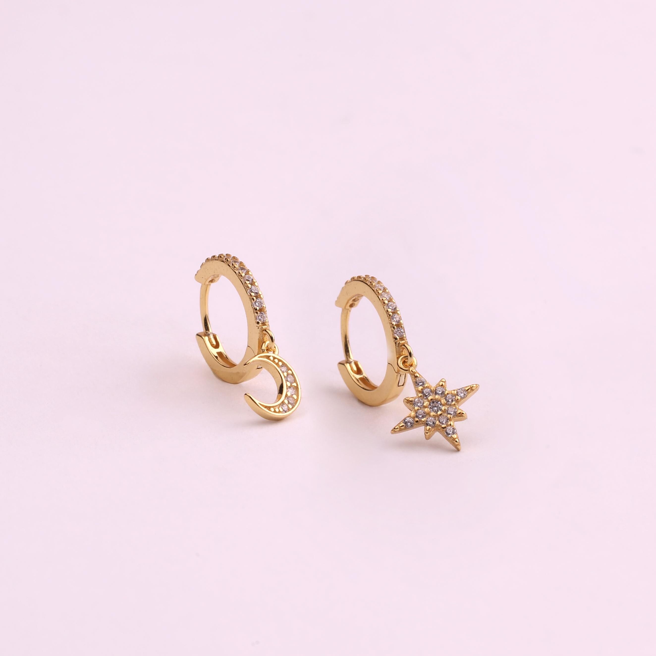 Sterling Silver Moon Star Dangle Hoop Earrings