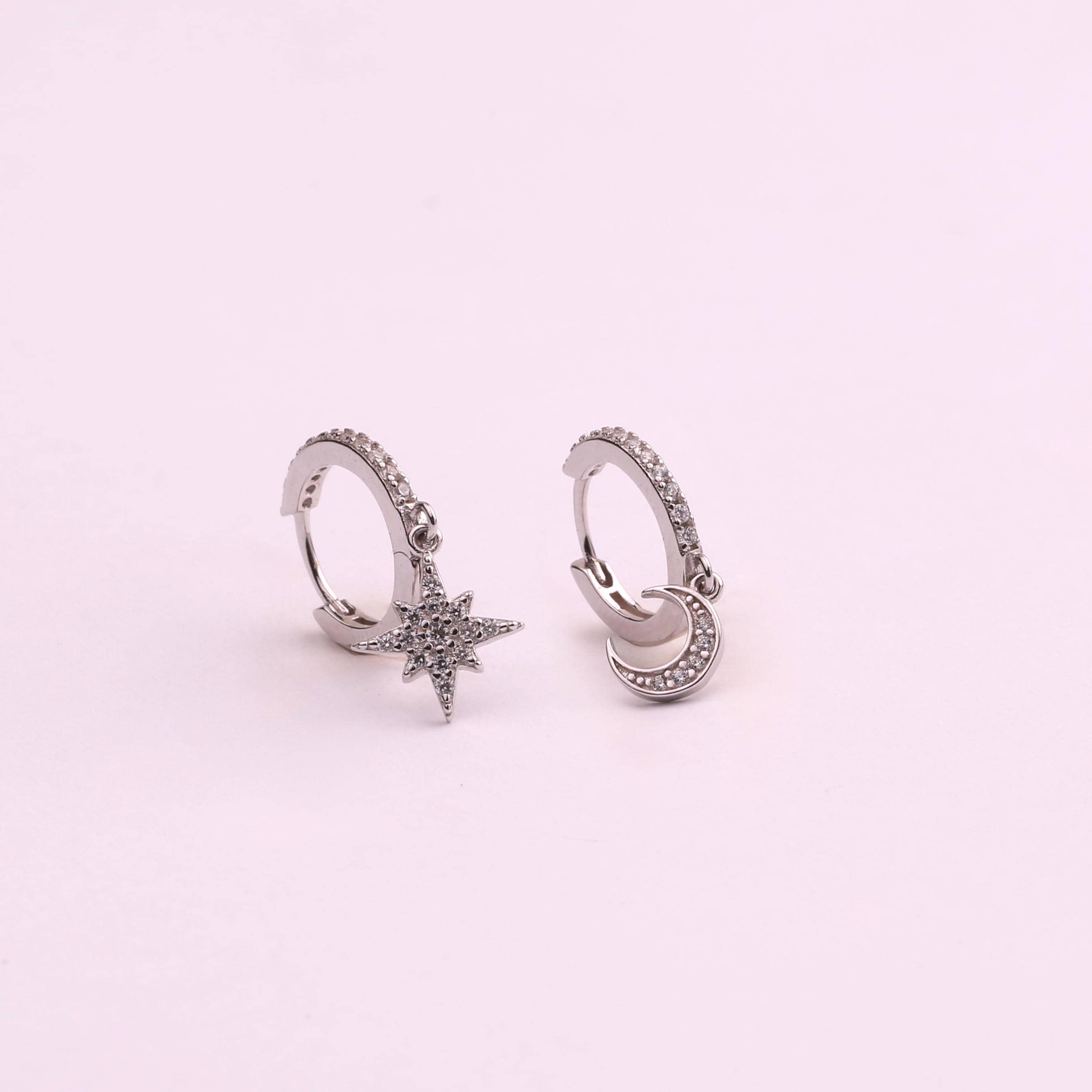 Sterling Silver Moon Star Dangle Hoop Earrings