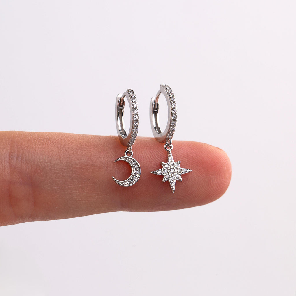 Sterling Silver Moon Star Dangle Hoop Earrings