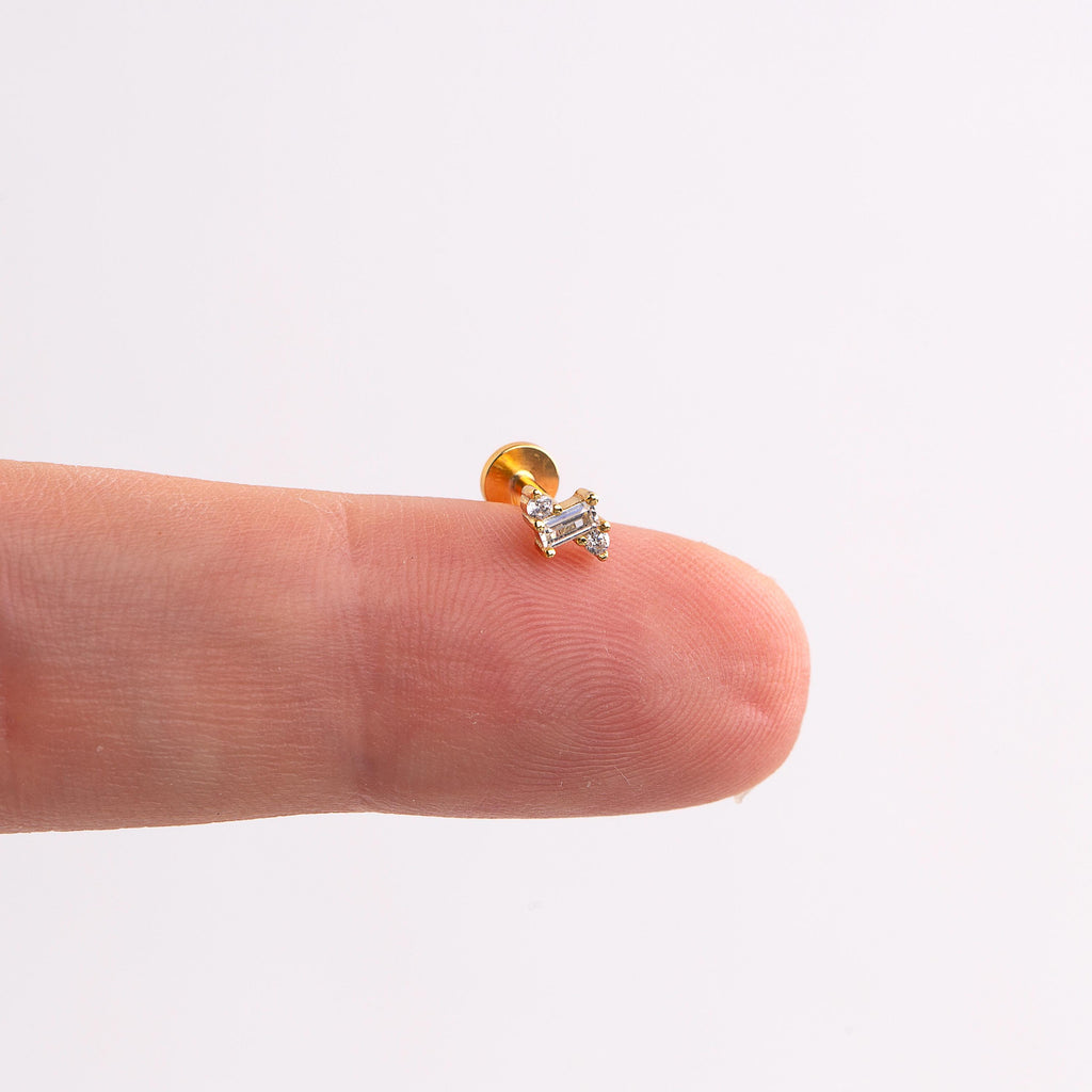 18G Triple Baguette Diamond CZ Threadless Push Pin Flat Back