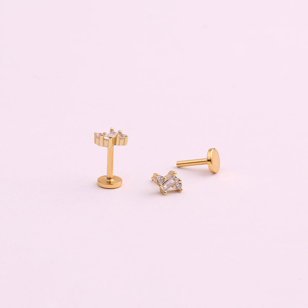 18G Triple Baguette Diamond CZ Threadless Push Pin Flat Back