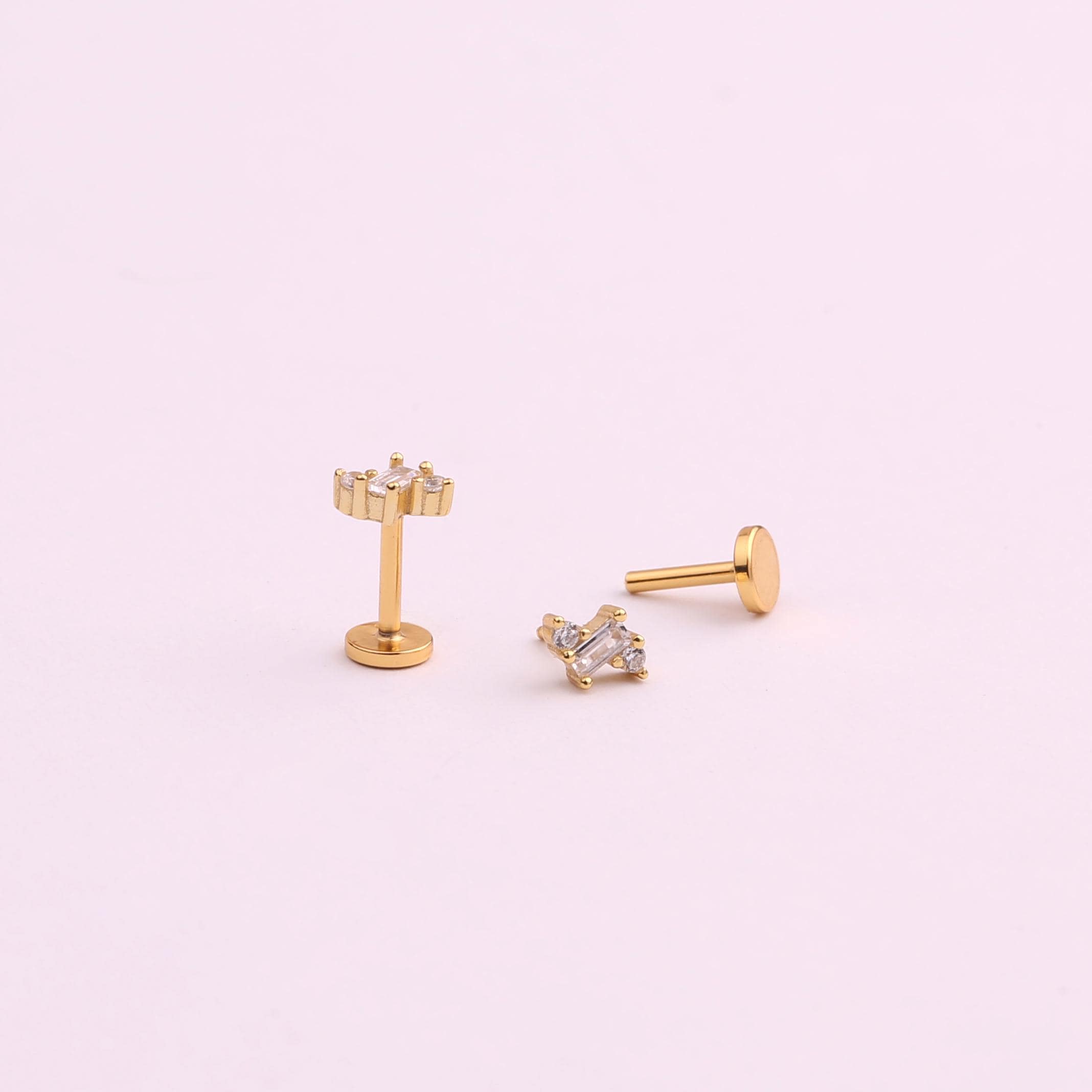 18G Triple Baguette Diamond CZ Threadless Push Pin Flat Back