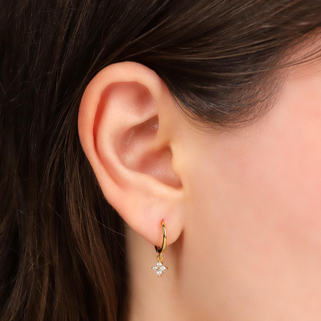 Tiny Sterling Silver Dangle Flower Charm Hoop Earrings