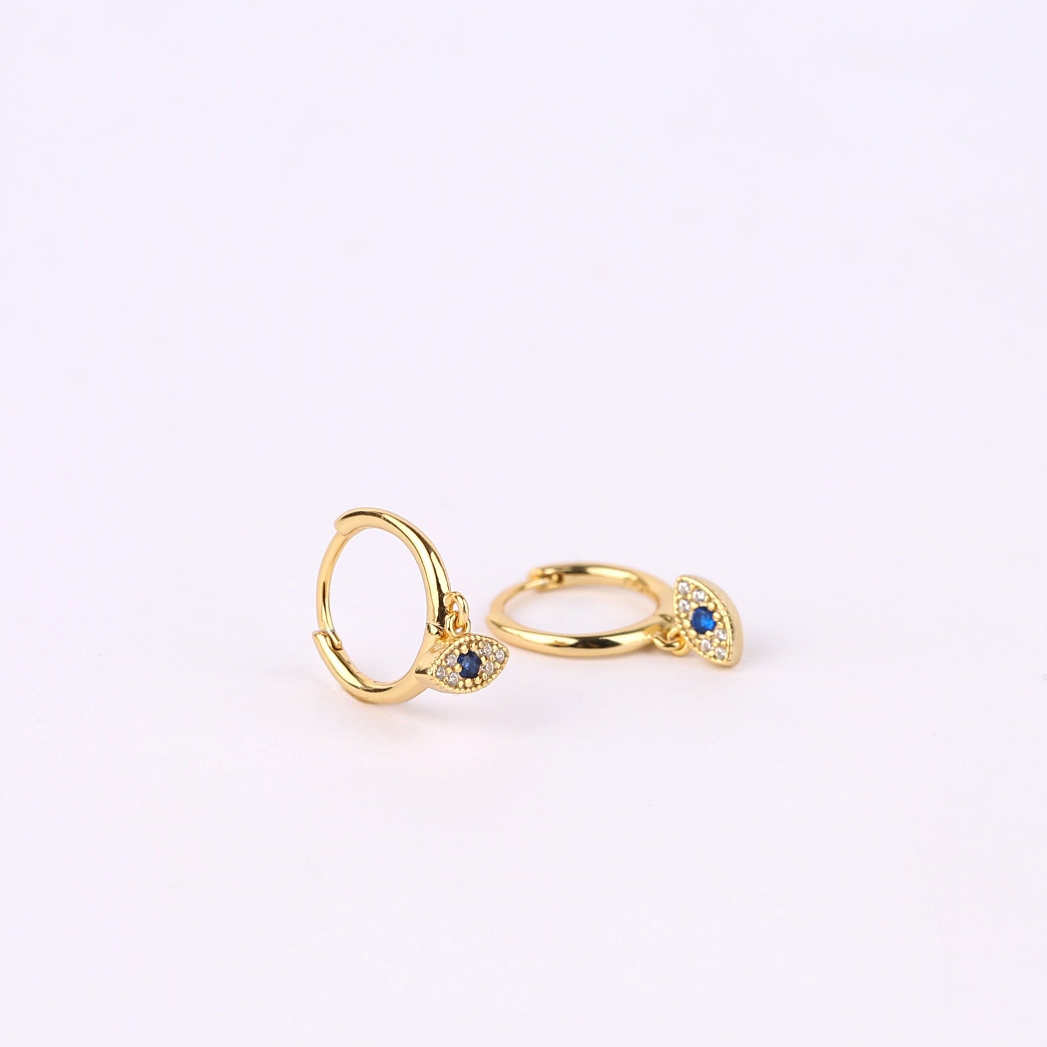 Tiny Evil Eye Charm Huggie Drop Hoop Earrings