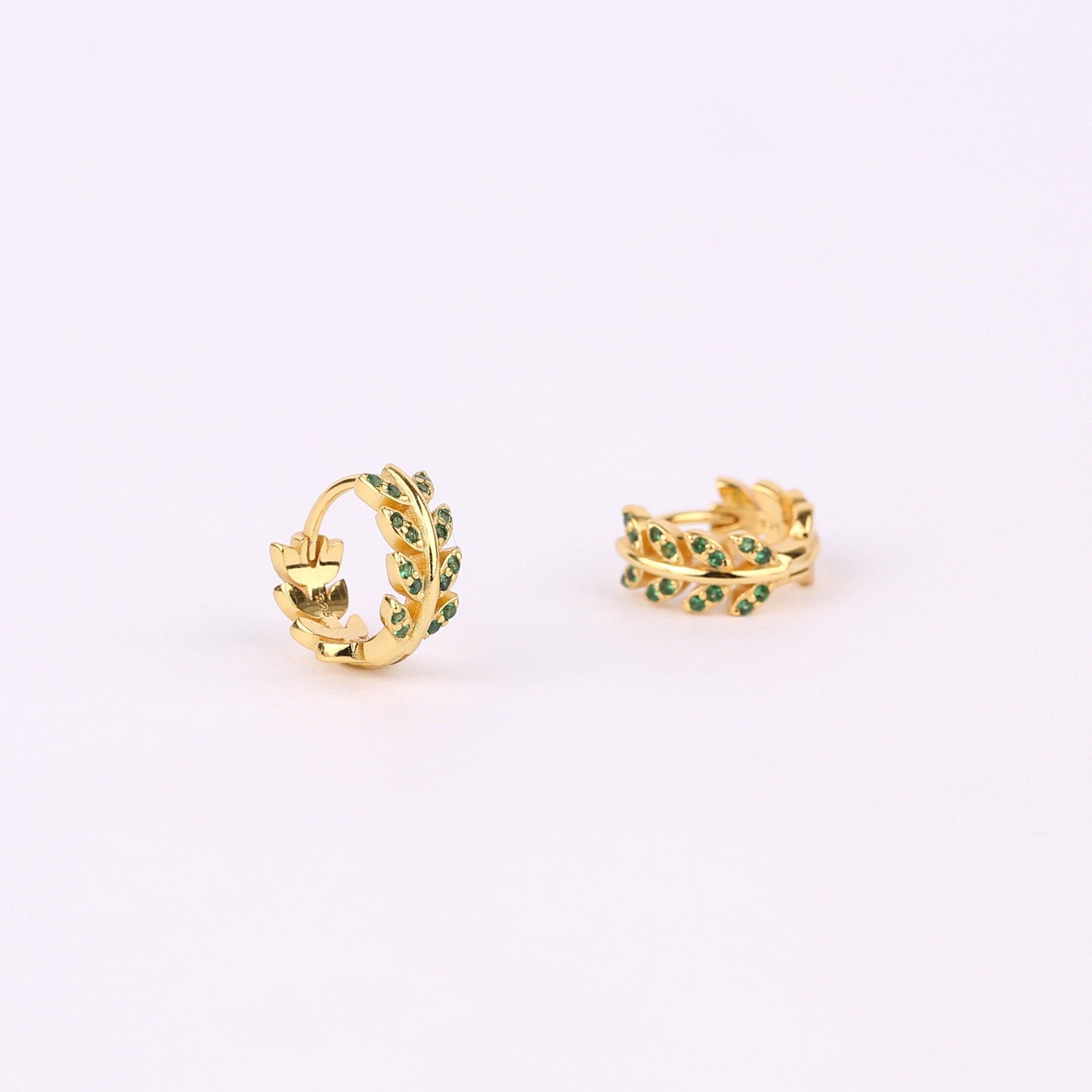 Emerald Green CZ Olive Leaf Huggie Hoop Earrings
