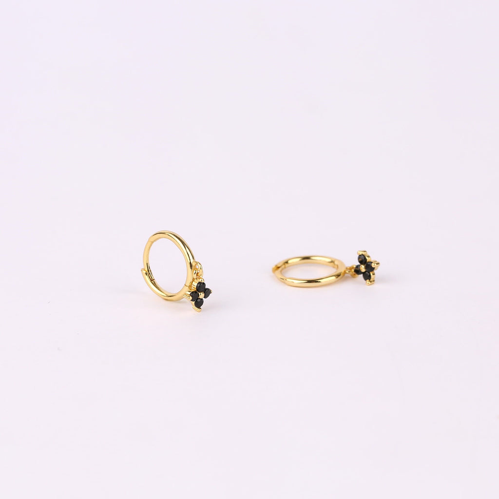 Dangle Black Flower Hoop Earrings in Sterling Silver