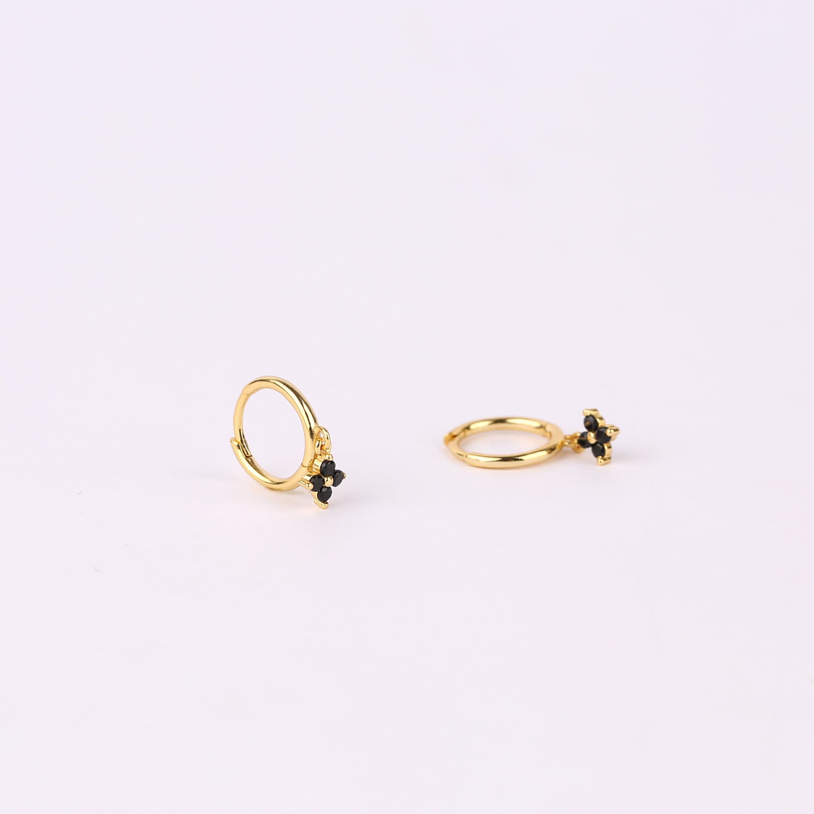 Dangle Black Flower Hoop Earrings in Sterling Silver