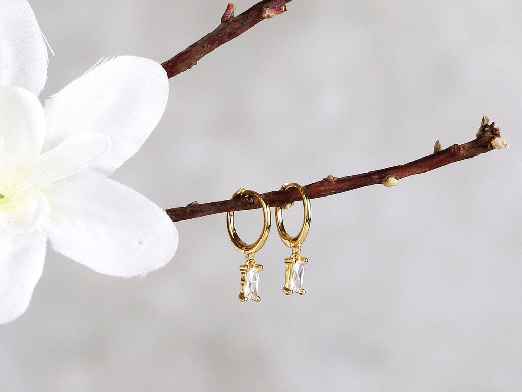 Tiny Baguette Diamond CZ Dangle Hoop Earrings