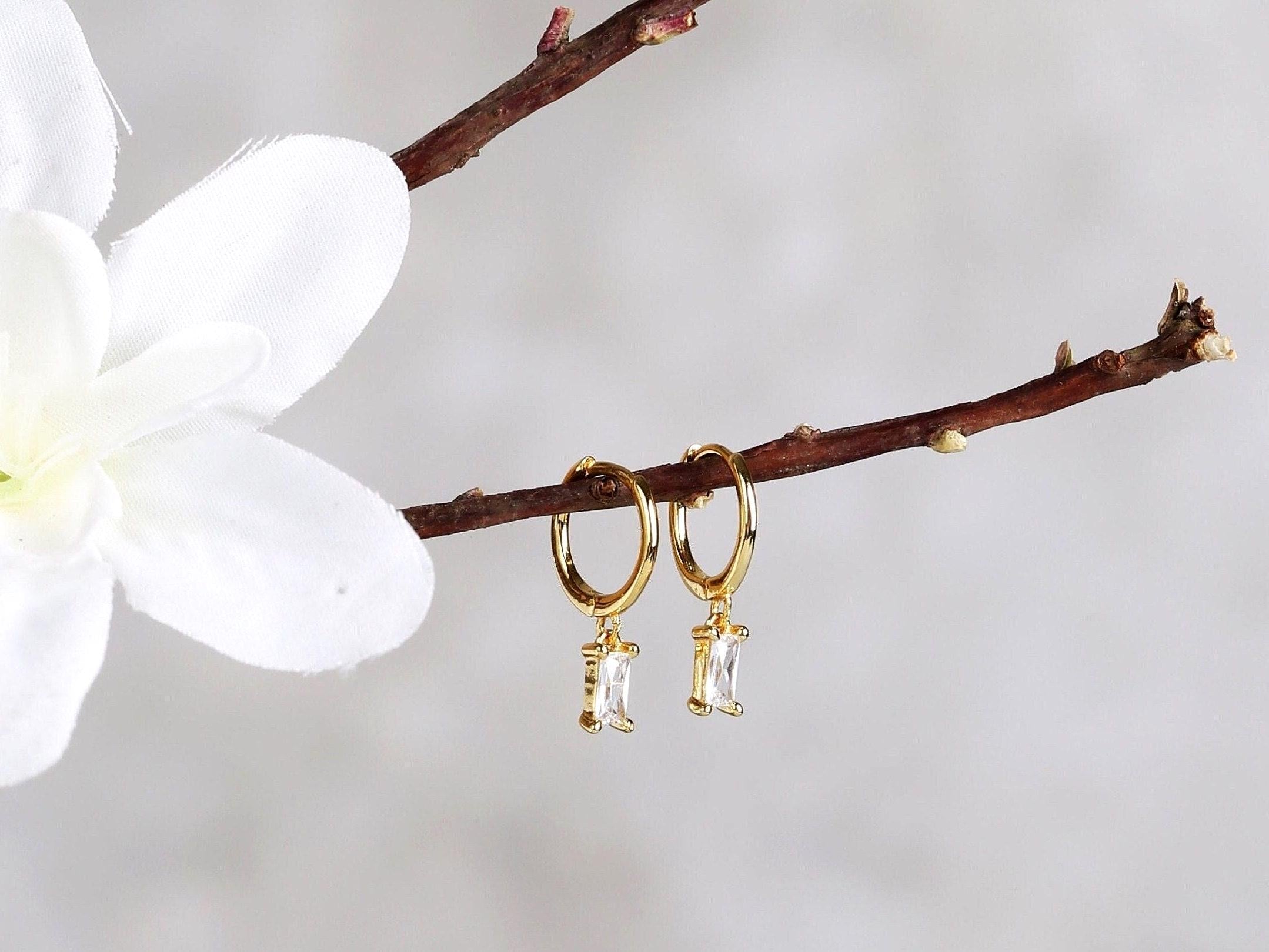 Tiny Baguette Diamond CZ Dangle Hoop Earrings