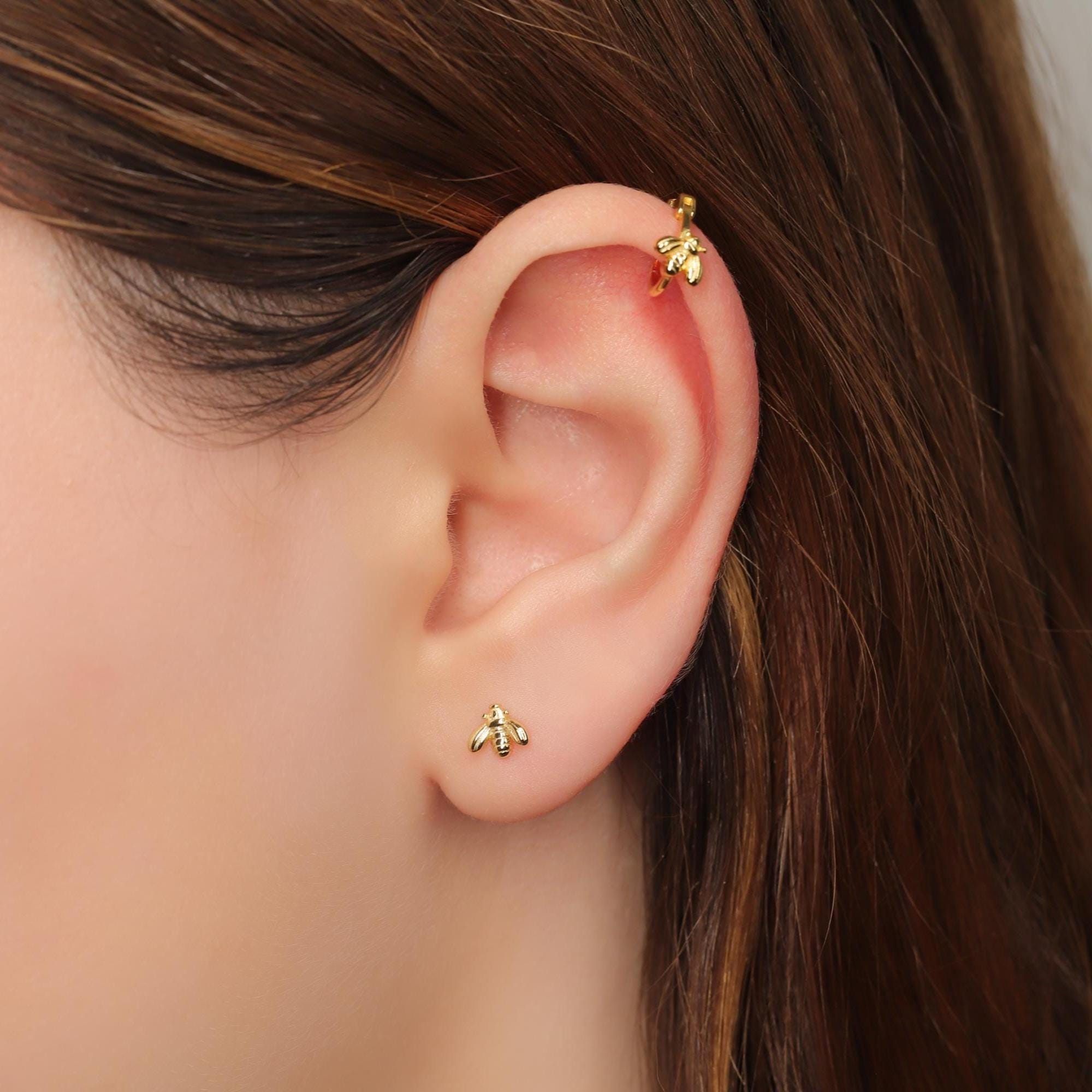 Tiny Bee Threaded Flat Back Stud Earring