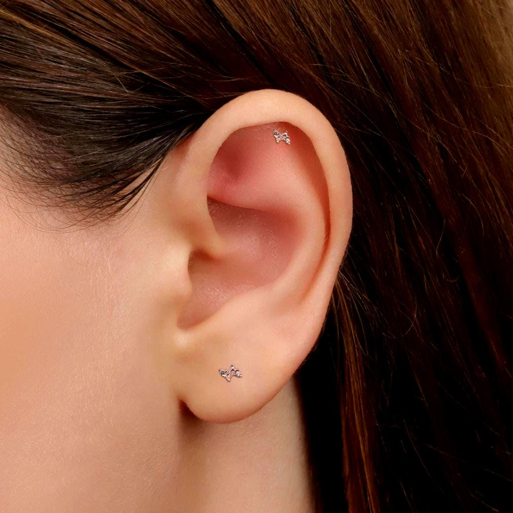 18G Triple Baguette Diamond CZ Threadless Push Pin Flat Back