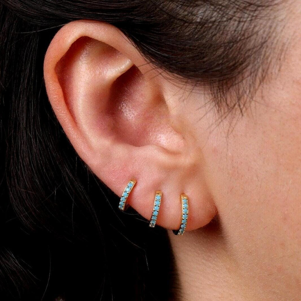 Turquoise Huggie Hoop Earrings in Sterling Silver