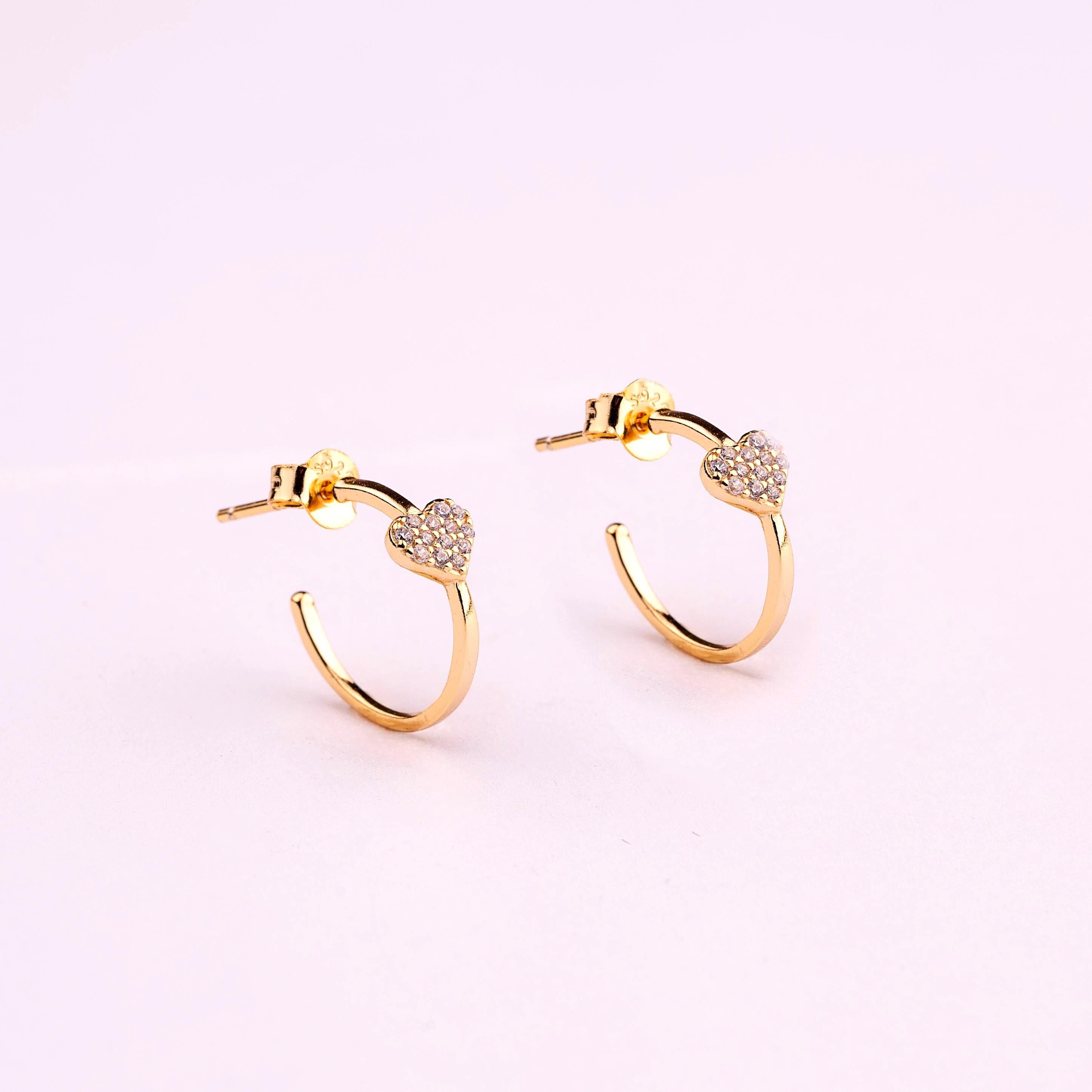 Dainty Pave Heart Hoop Look Stud Earrings