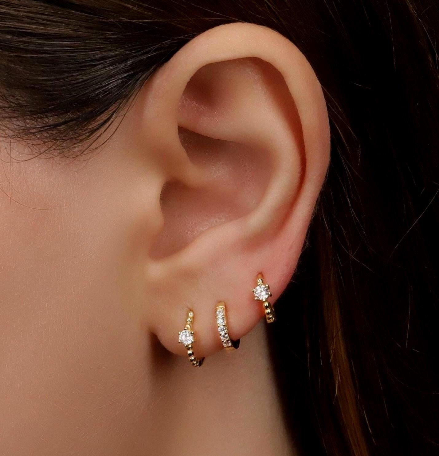 Diamond CZ Beaded Gold Huggie Hoop Earrings Set for Multiple