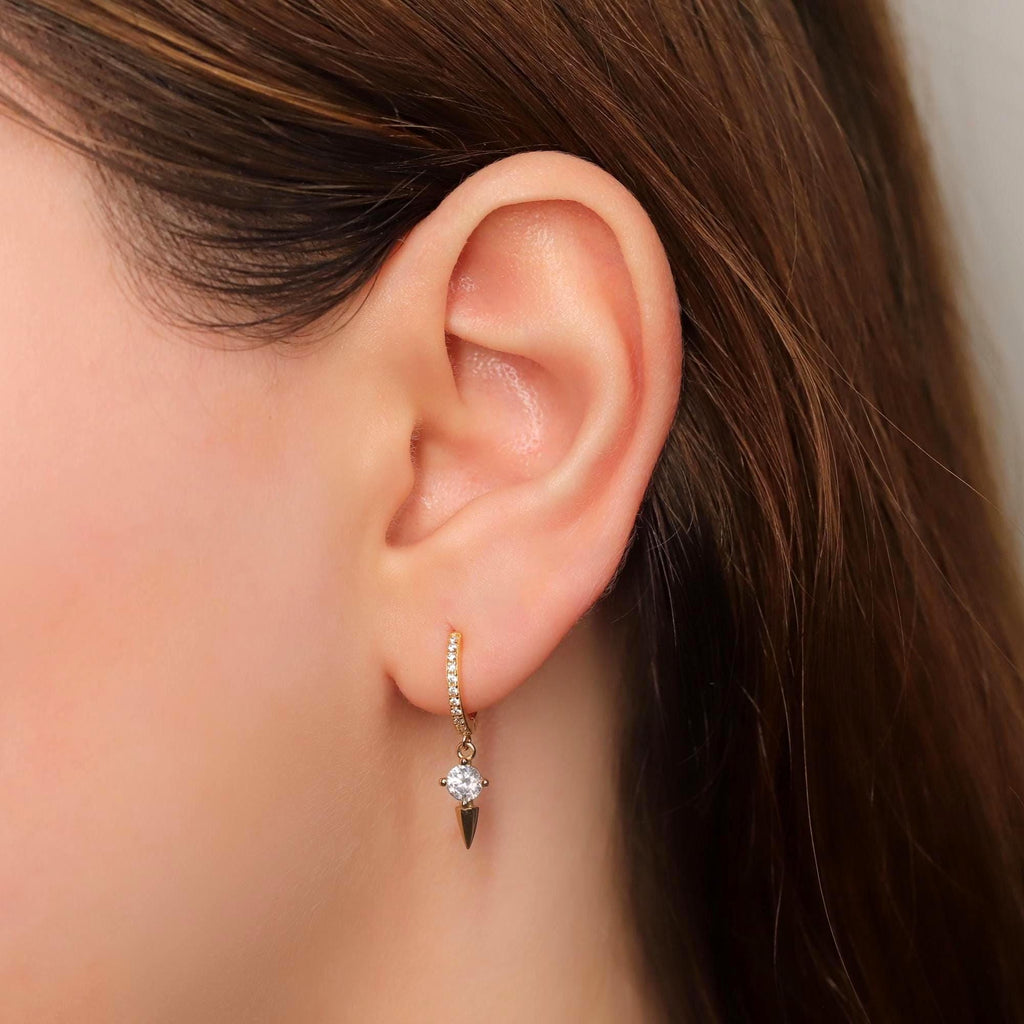 Gold CZ Spike Charm Dangle Hoop Earrings