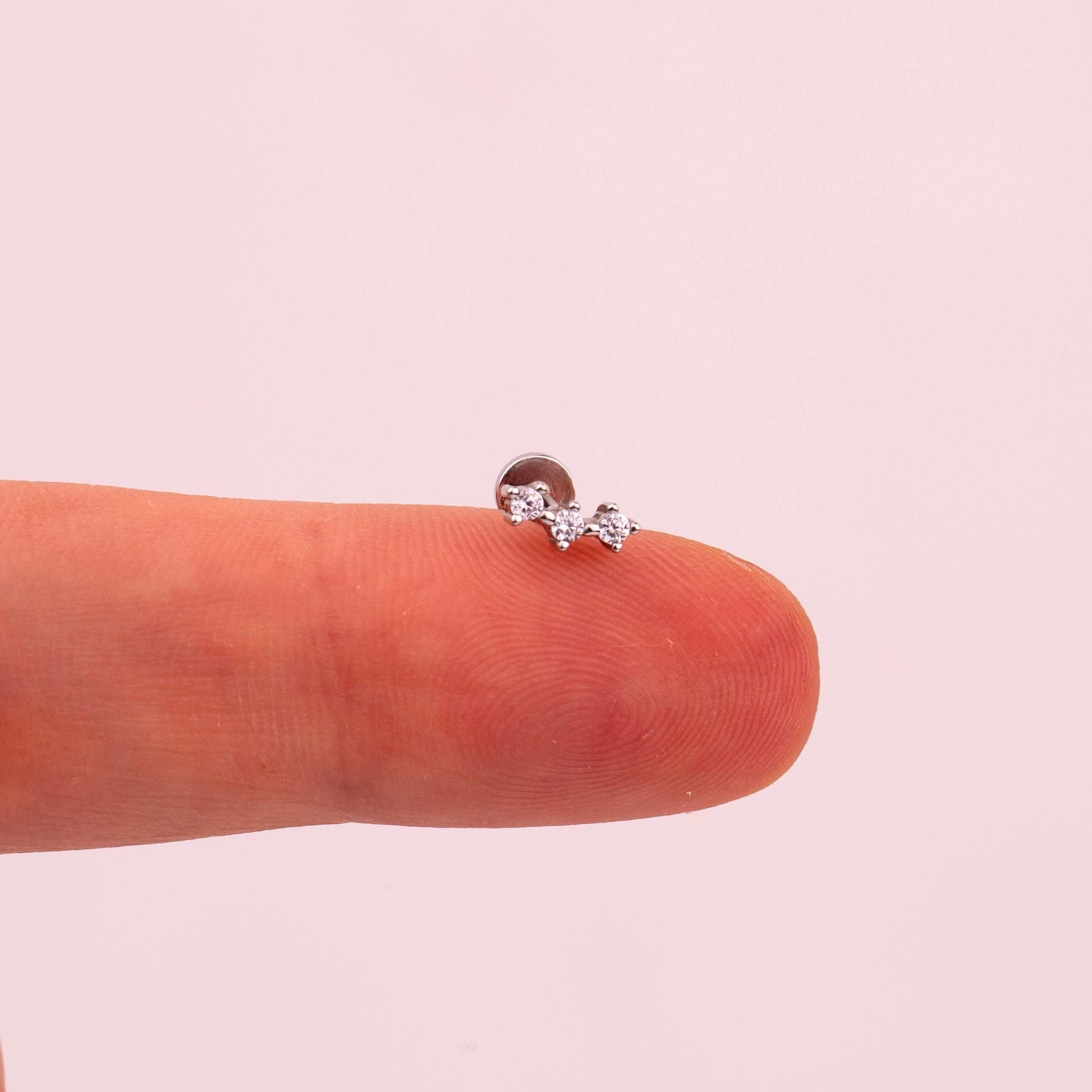 18G Three CZ Stone Threadless End Push Pin Labret Gold Flat
