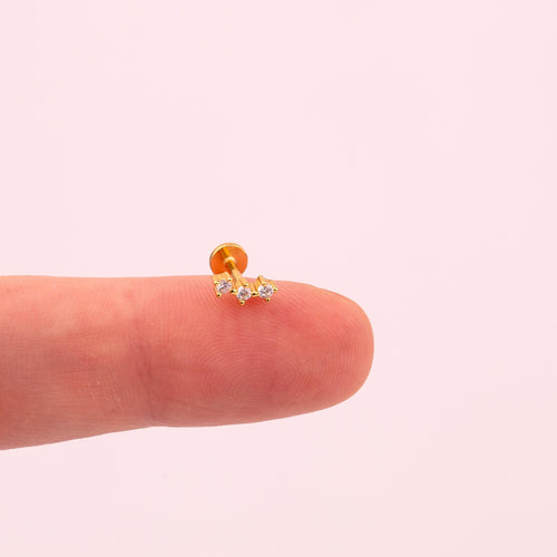 18G Tiny Three Cz Push Pin Labret Threadless End Gold Flat