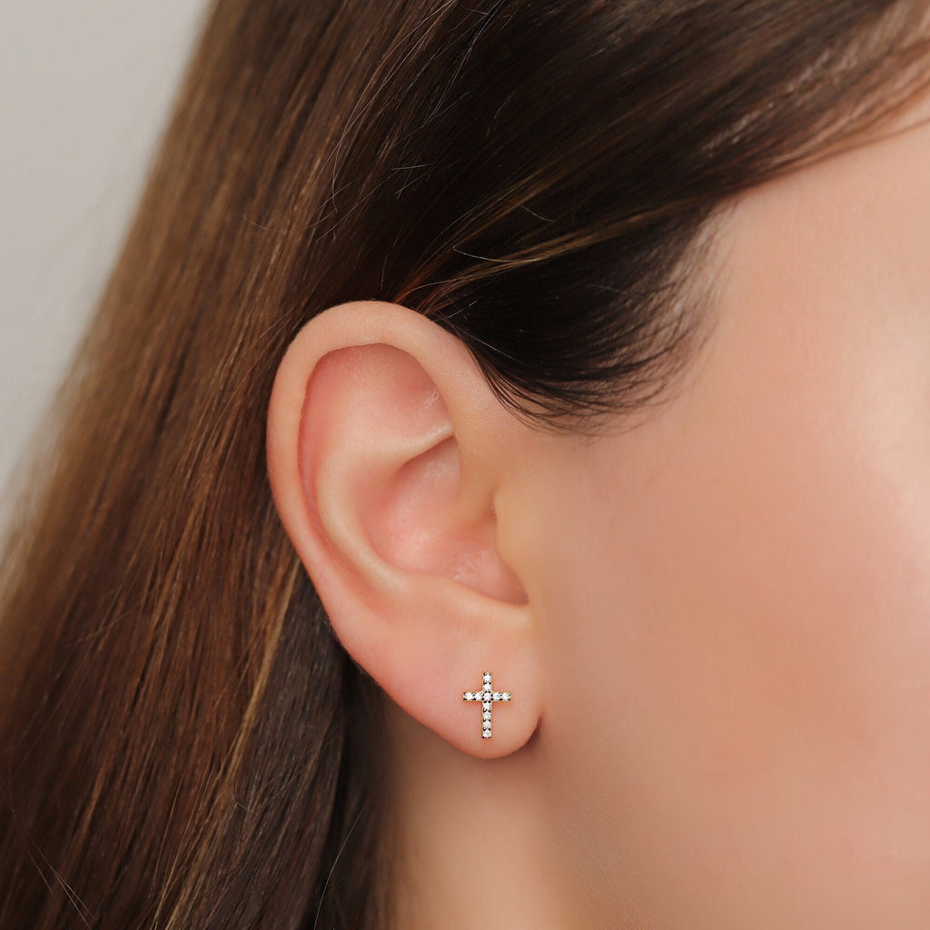 Tiny Sterling Silver Cross Stud Earring